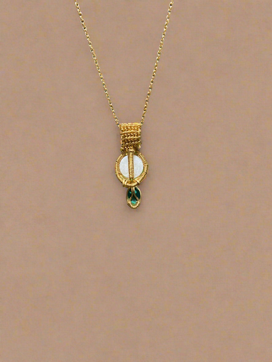 Rainbow Moonstone and Malachite in Brass