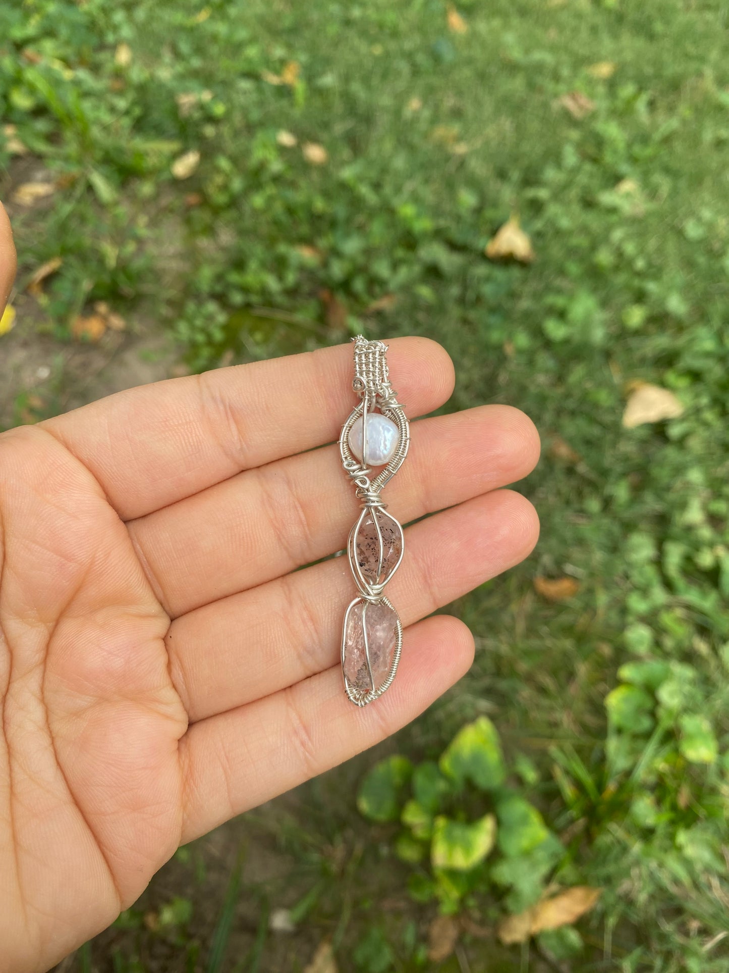 Pink Topaz, Madagascar Rose Quartz with Diopside and Hematite inclusions, and a Freshwater Pearl in Sterling Silver