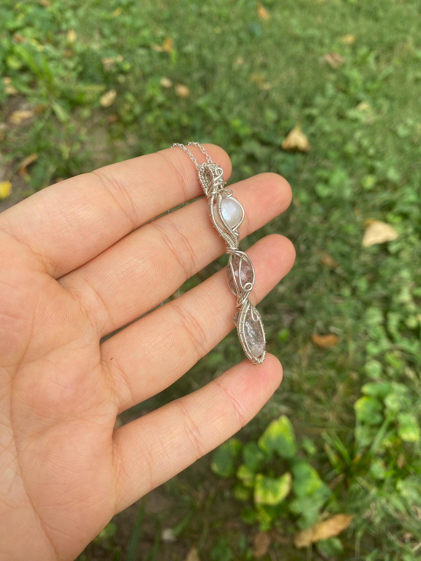 Pink Topaz, Madagascar Rose Quartz with Diopside and Hematite inclusions, and a Freshwater Pearl in Sterling Silver