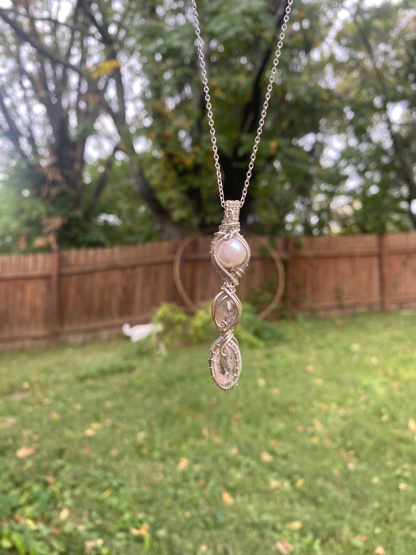 Pink Topaz, Madagascar Rose Quartz with Diopside and Hematite inclusions, and a Freshwater Pearl in Sterling Silver