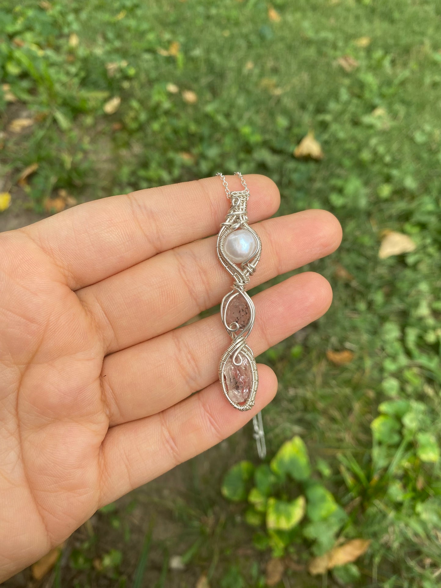 Pink Topaz, Madagascar Rose Quartz with Diopside and Hematite inclusions, and a Freshwater Pearl in Sterling Silver