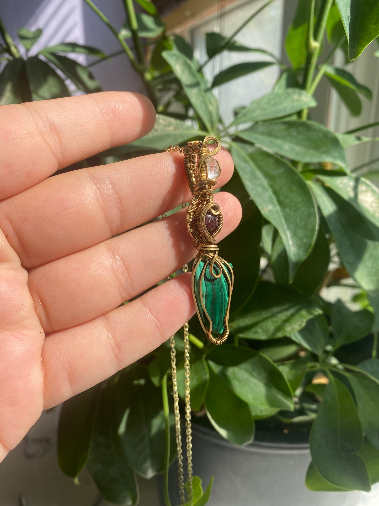 Radiant Herkimer Diamond, Passionate Garnet, and Tranquil Malachite Crystal Pendant