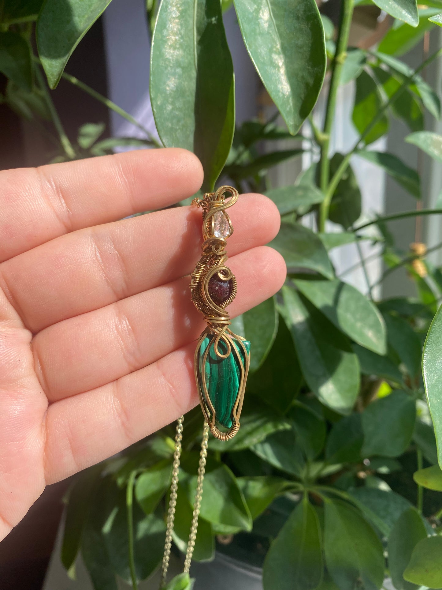 Radiant Herkimer Diamond, Passionate Garnet, and Tranquil Malachite Crystal Pendant