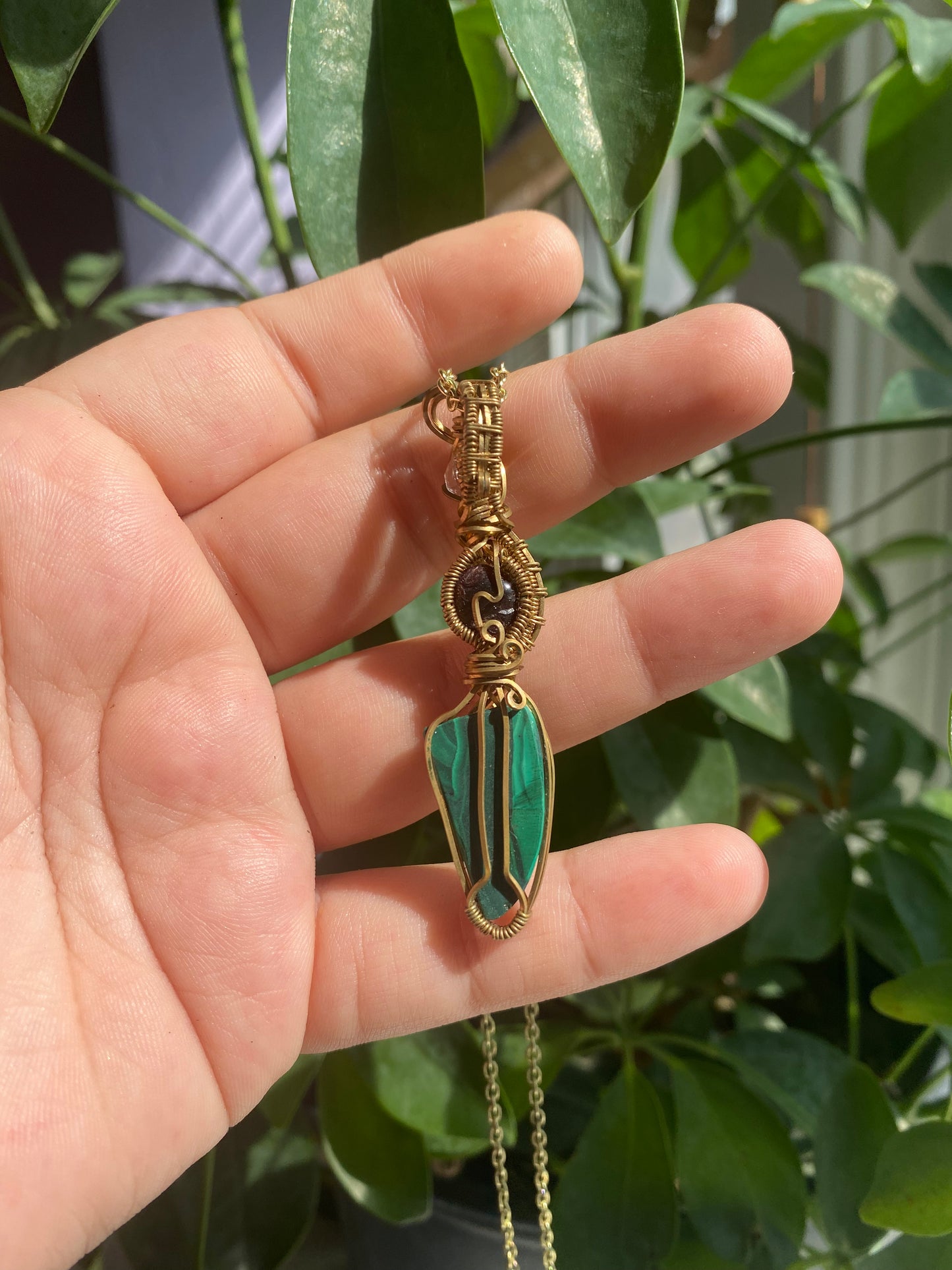 Radiant Herkimer Diamond, Passionate Garnet, and Tranquil Malachite Crystal Pendant