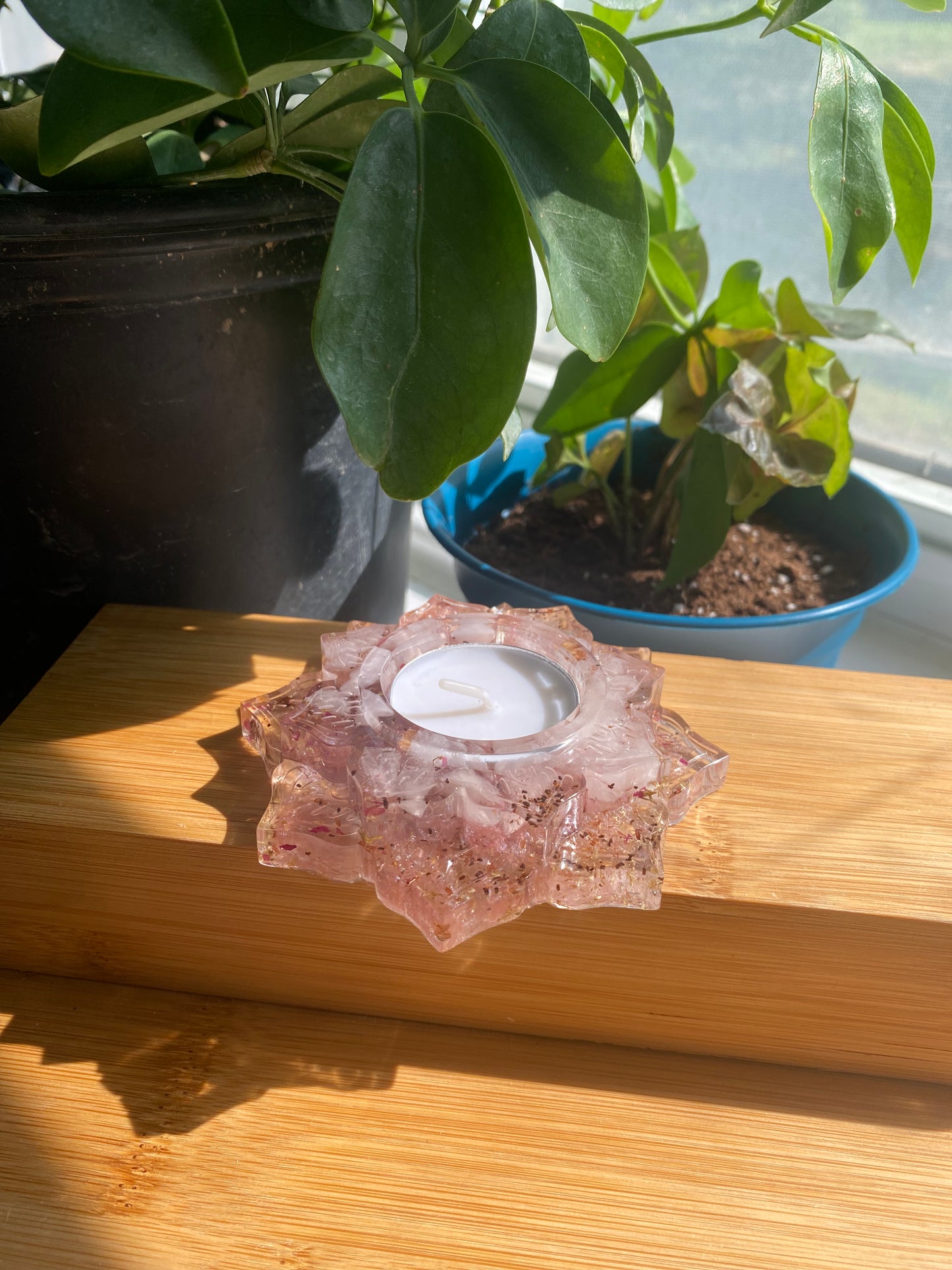 Enchanted Candle Holder: Self-Love Enchantment Candle Holder with Rose Quartz, Yarrow, Rose Petals, and Pink Mica