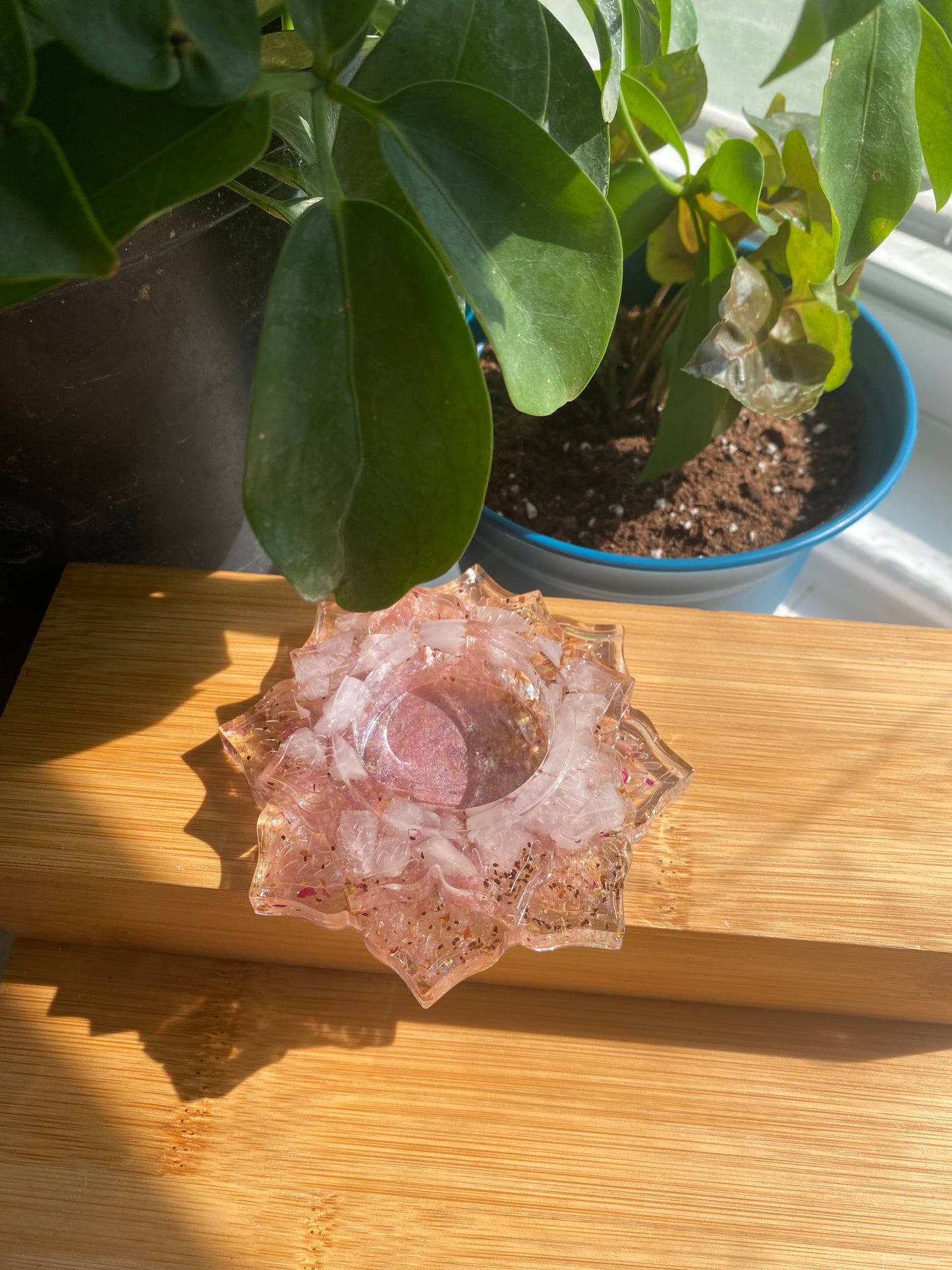 Enchanted Candle Holder: Self-Love Enchantment Candle Holder with Rose Quartz, Yarrow, Rose Petals, and Pink Mica