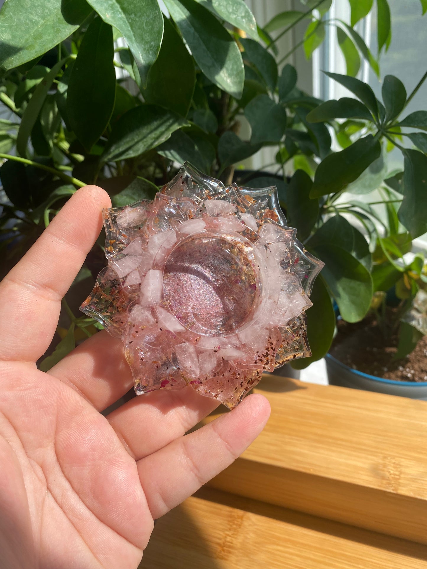 Enchanted Candle Holder: Self-Love Enchantment Candle Holder with Rose Quartz, Yarrow, Rose Petals, and Pink Mica