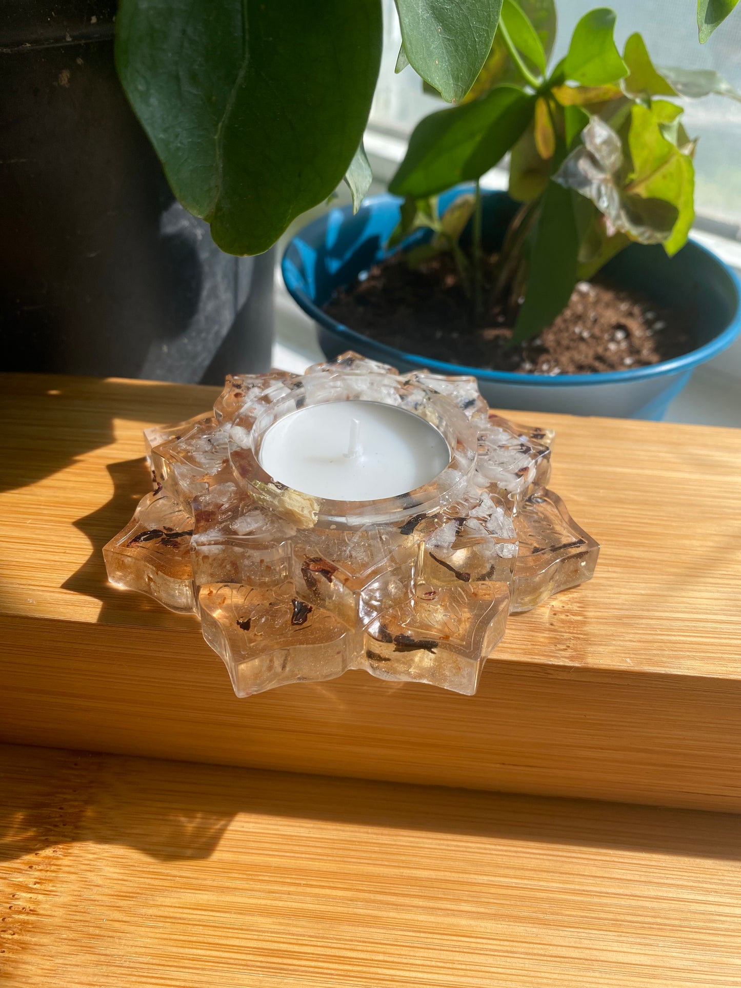 Enchanted Candle Holder: Celestial Moonlight Candle Holder with Rainbow Moonstone, Selenite, and Moonlit Botanicals