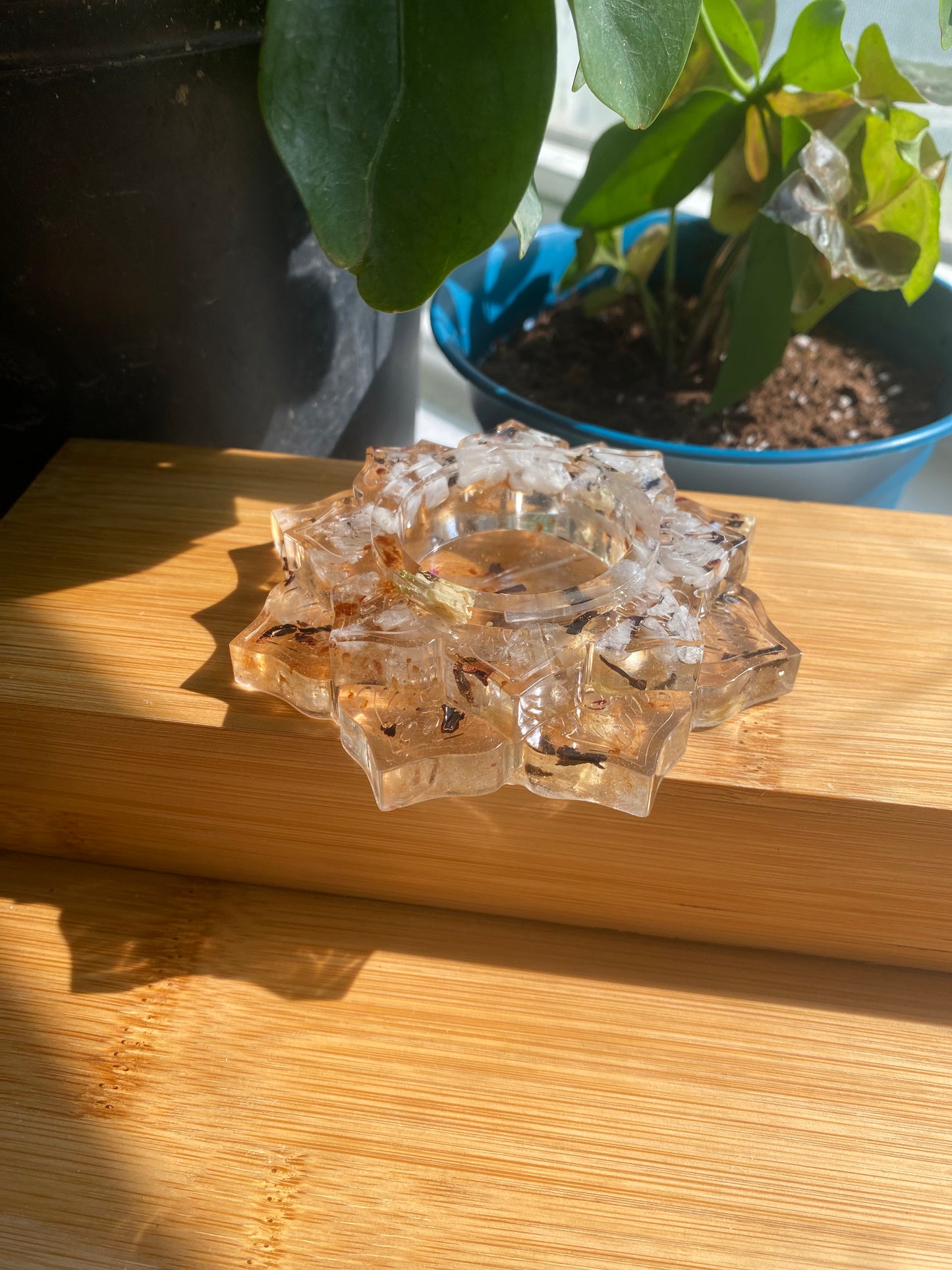 Enchanted Candle Holder: Celestial Moonlight Candle Holder with Rainbow Moonstone, Selenite, and Moonlit Botanicals