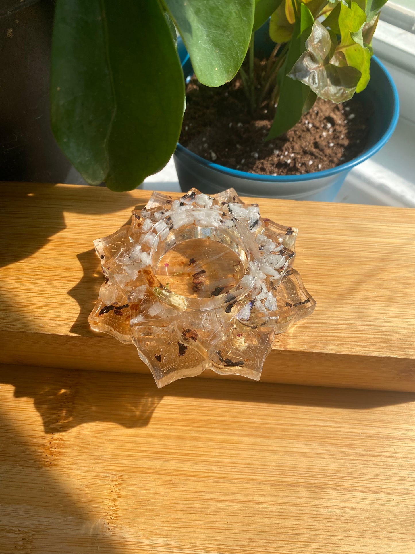 Enchanted Candle Holder: Celestial Moonlight Candle Holder with Rainbow Moonstone, Selenite, and Moonlit Botanicals