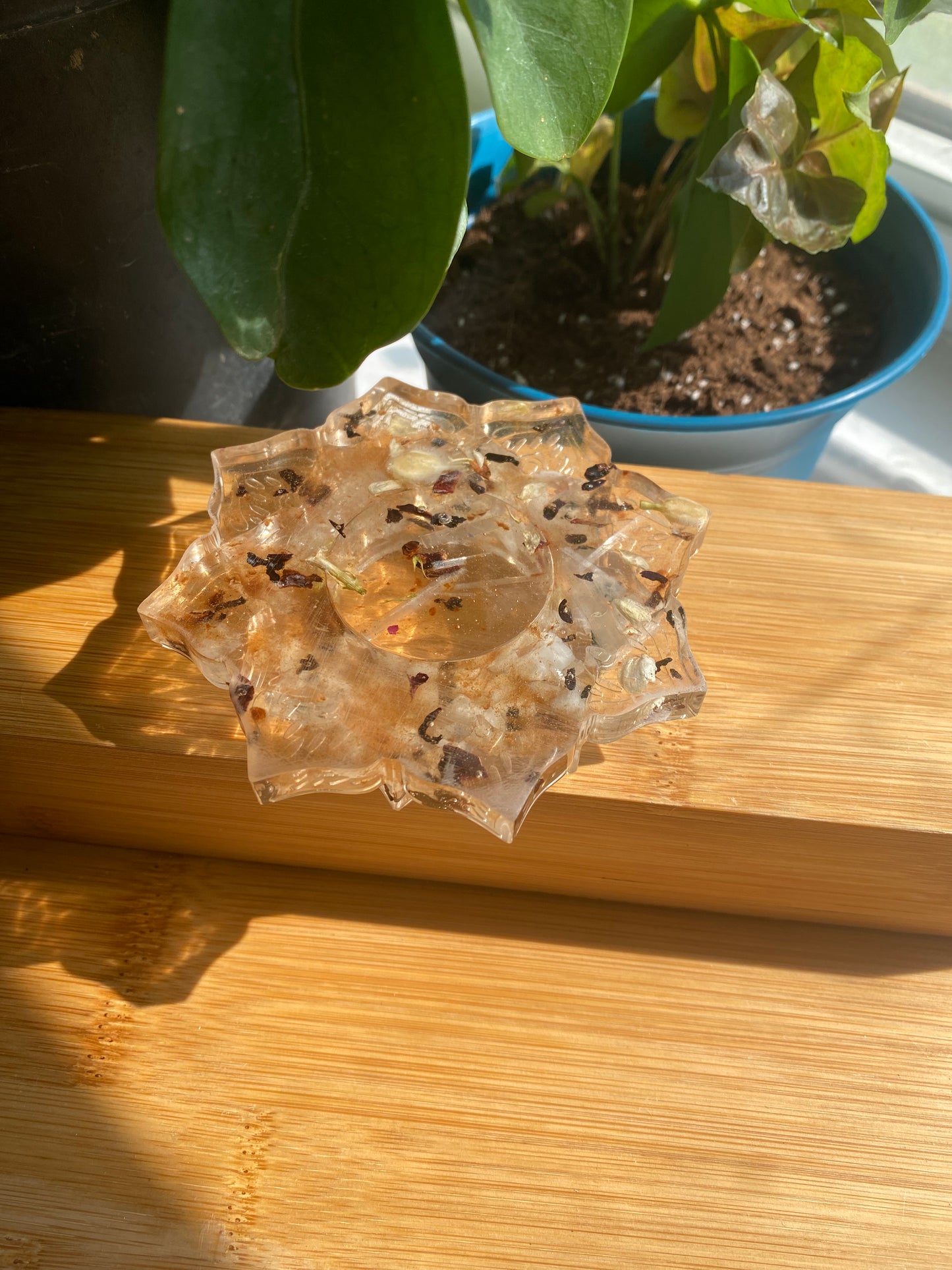 Enchanted Candle Holder: Celestial Moonlight Candle Holder with Rainbow Moonstone, Selenite, and Moonlit Botanicals