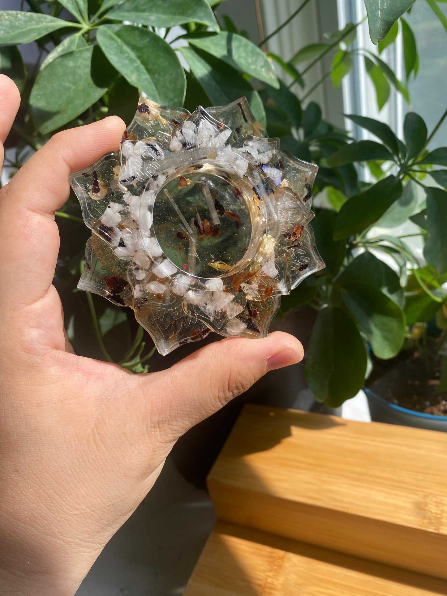Enchanted Candle Holder: Celestial Moonlight Candle Holder with Rainbow Moonstone, Selenite, and Moonlit Botanicals