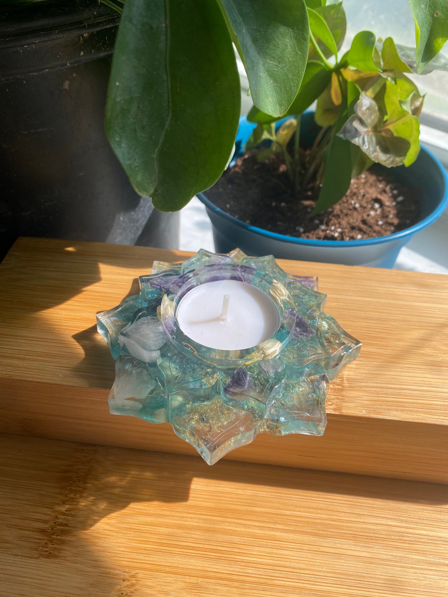 Enchanted Candle Holder: Tranquil Serenity Candle Holder with Rose Quartz, Amethyst, and Soothing Botanicals