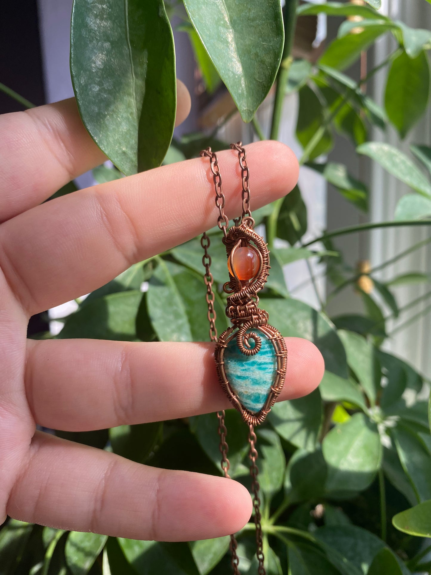 Energizing Carnelian and Soothing Amazonite Crystal Pendant