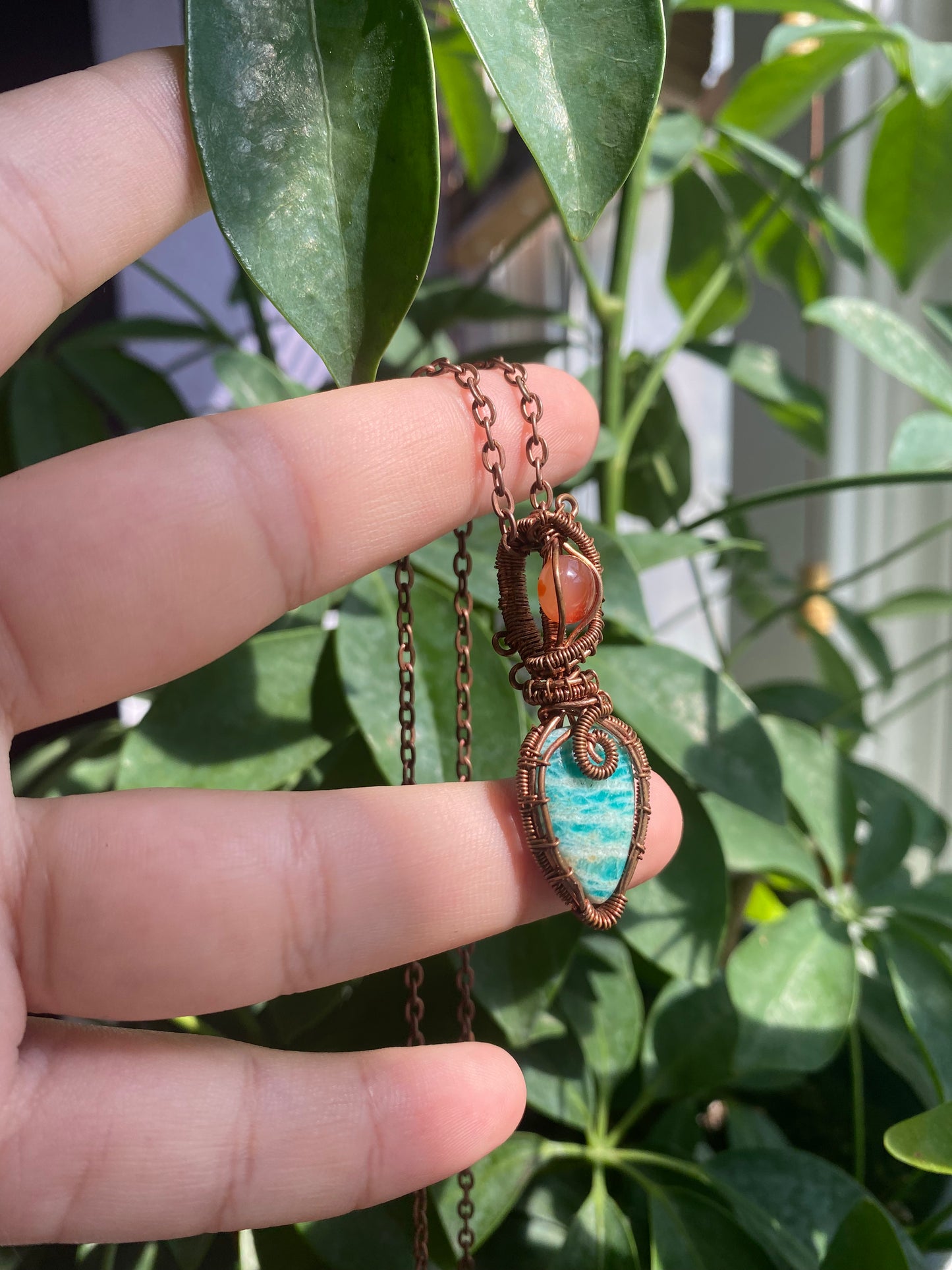 Energizing Carnelian and Soothing Amazonite Crystal Pendant