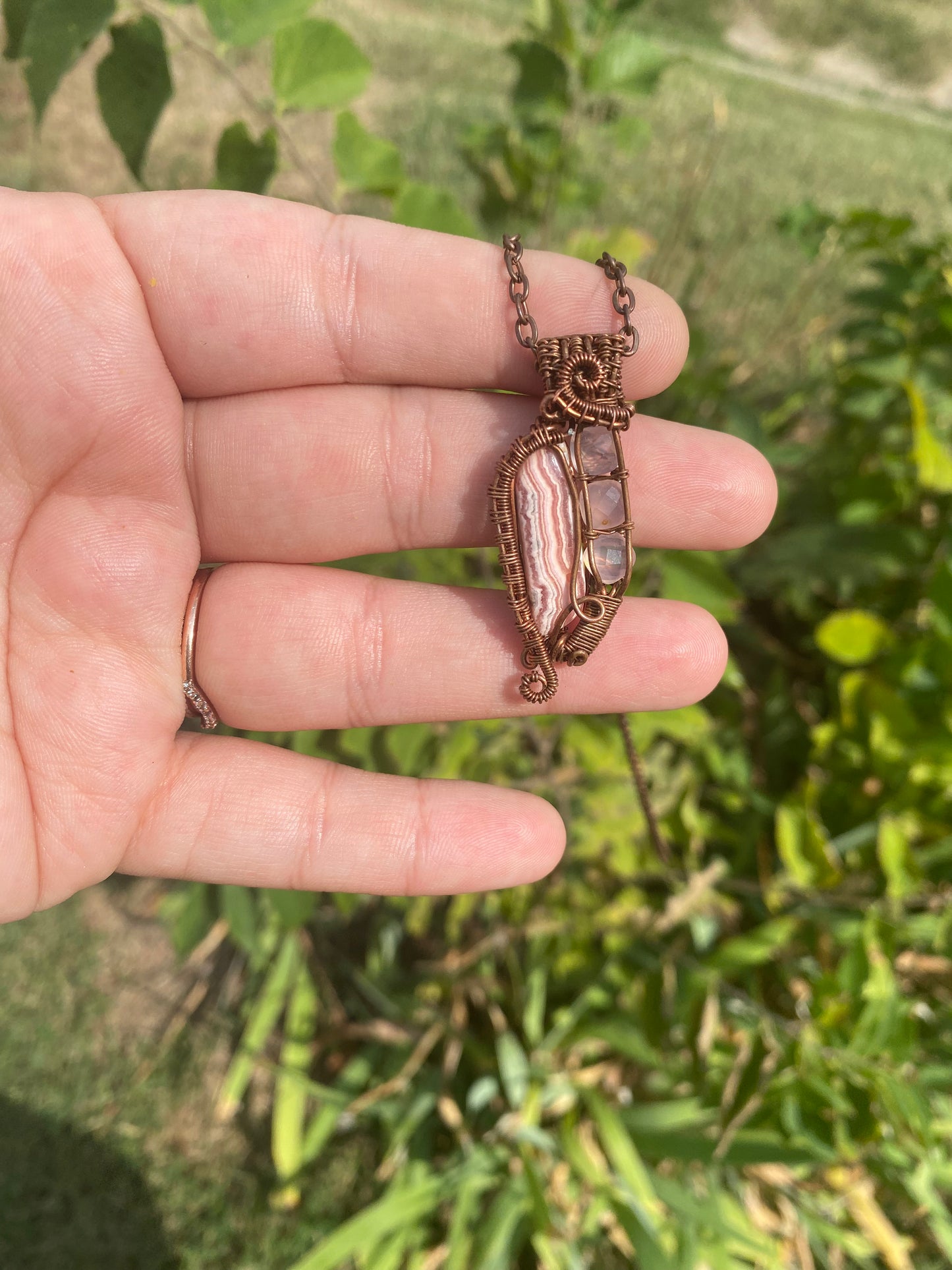 Harmony in Pink: Rhodochrosite and Pink Chalcedony Crystal Pendant
