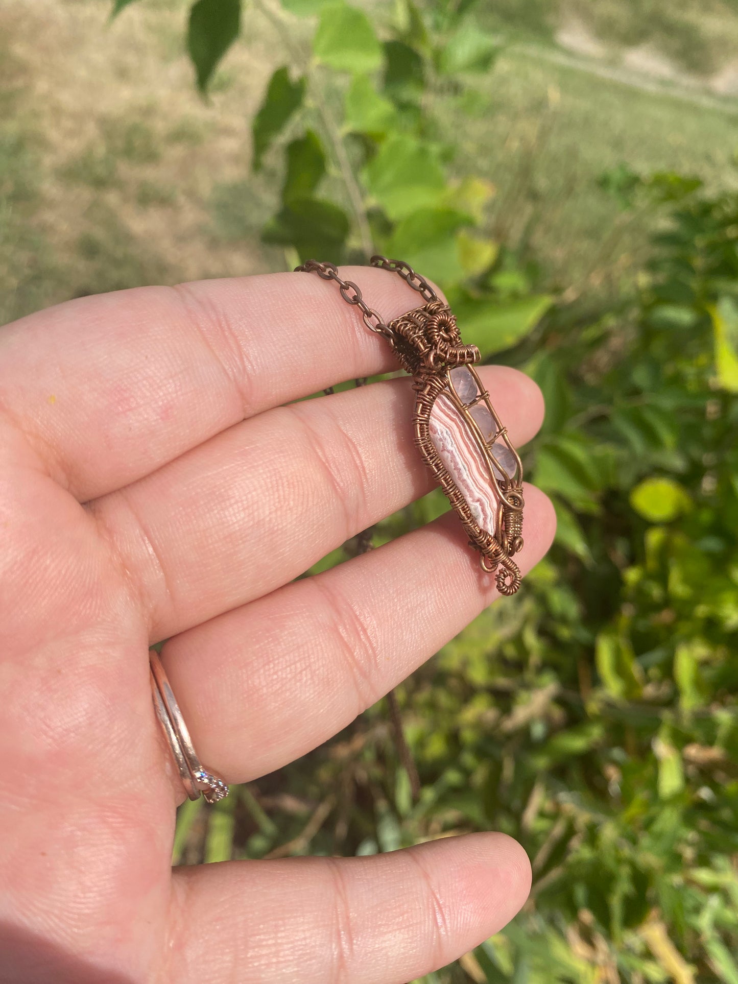 Harmony in Pink: Rhodochrosite and Pink Chalcedony Crystal Pendant