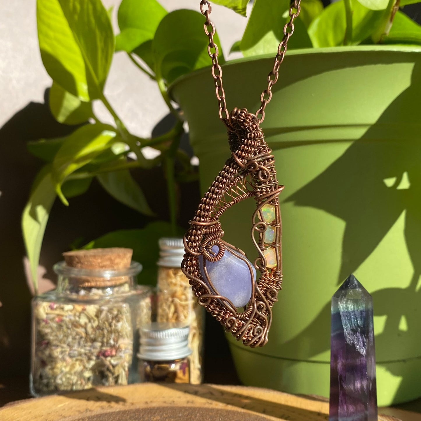 Hopefilled Inspiration Tanzanite and Ethiopian Opal Copper Wire-Wrapped Pendant