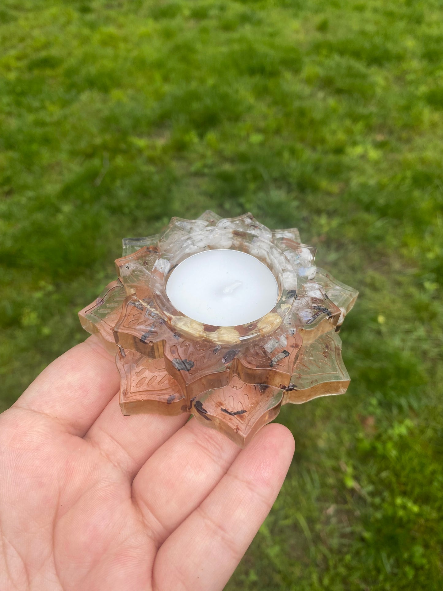 Enchanted Candle Holder: Celestial Moonlight Candle Holder with Rainbow Moonstone, Selenite, and Moonlit Botanicals