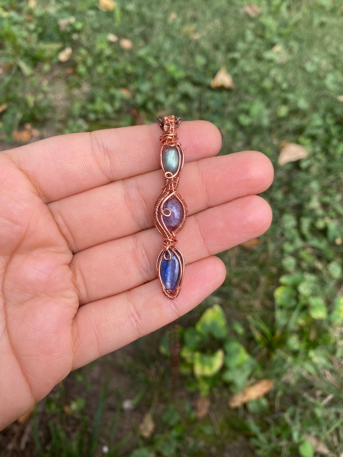 Blue Kyanite, Amethyst, and Labradorite Triple Stack in Copper