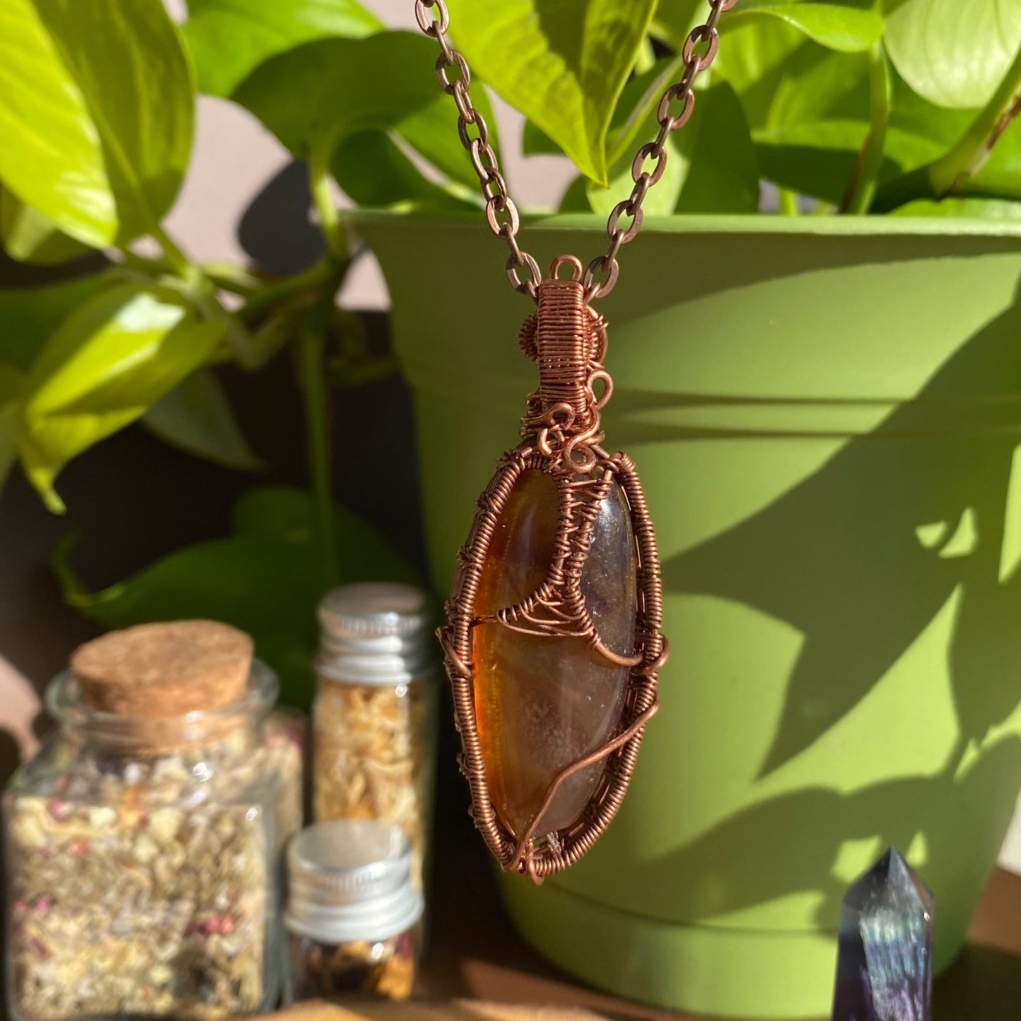 Radiant Amber Elegance: Handcrafted Wire-Wrapped Pendant in Copper