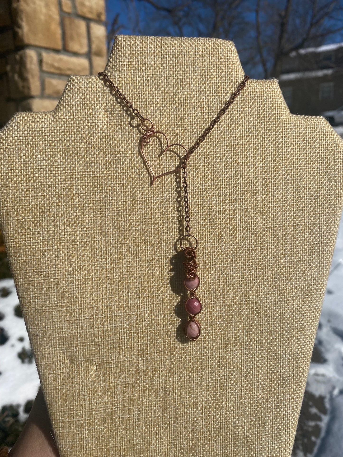 Love in Motion: Rhodonite Heart Crystal Pull Through Necklace