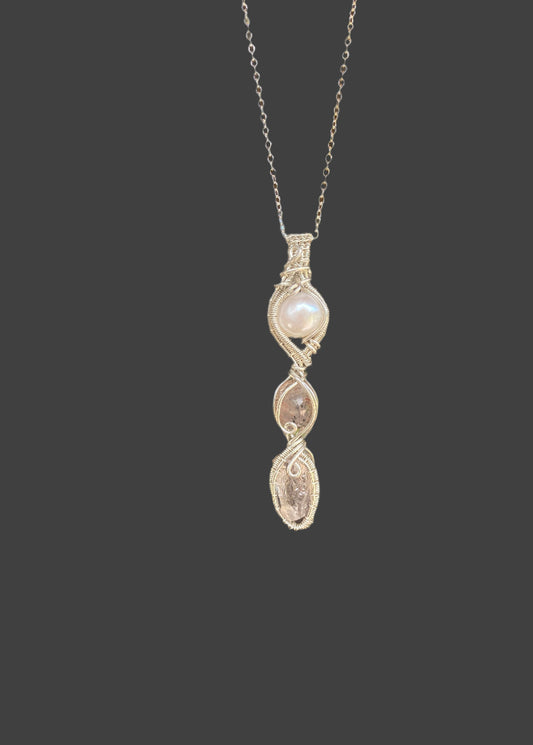 Pink Topaz, Madagascar Rose Quartz with Diopside and Hematite inclusions, and a Freshwater Pearl in Sterling Silver