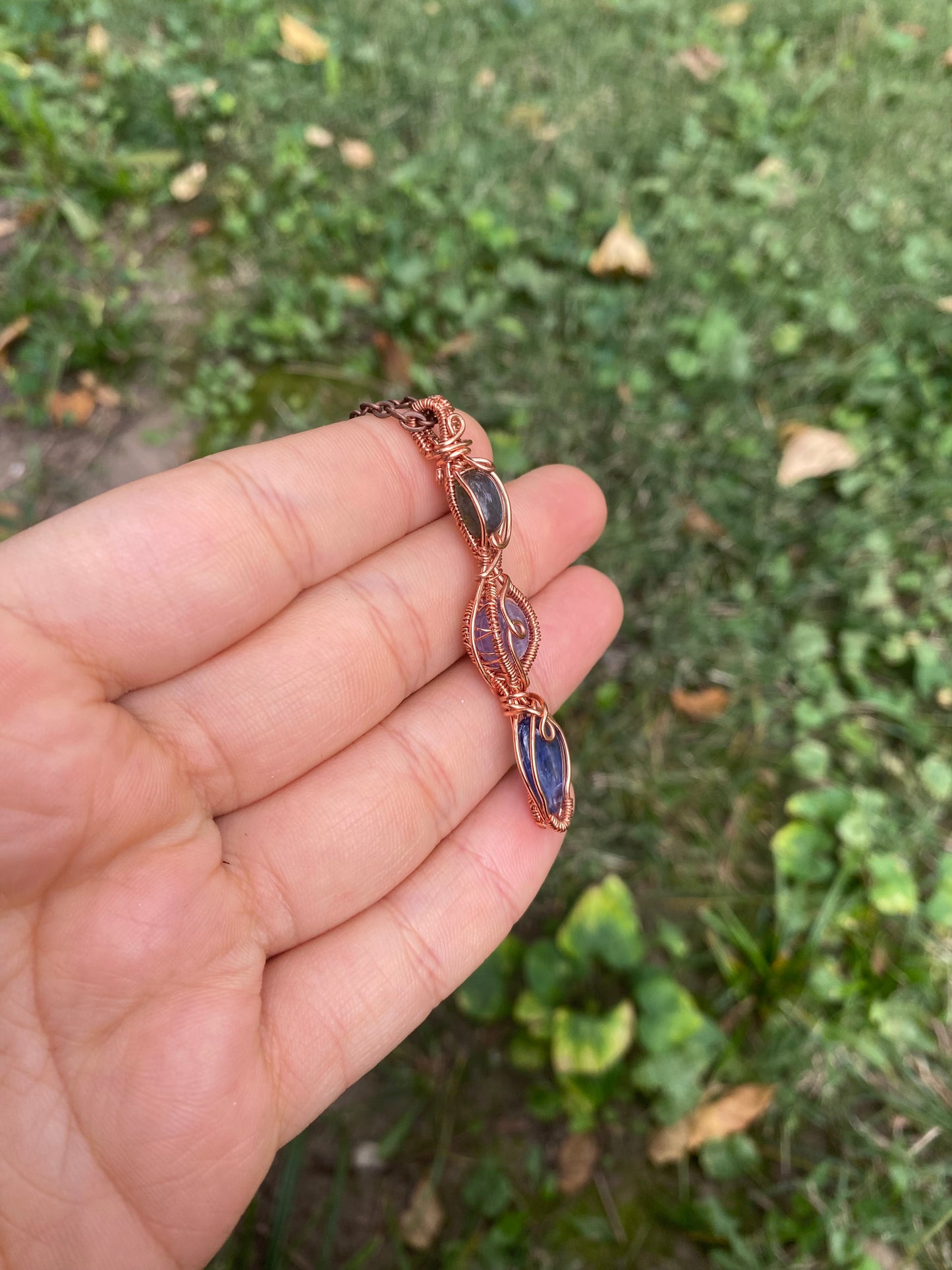 Blue Kyanite, Amethyst, and Labradorite Triple Stack in Copper