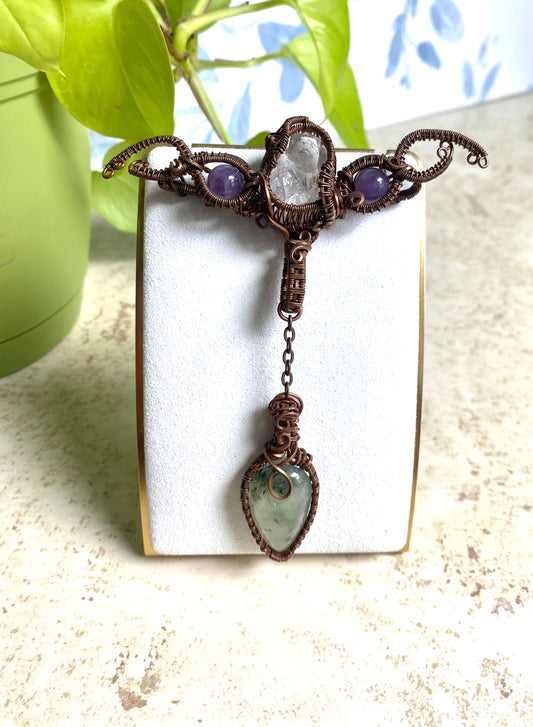 Trinity of Healing: Amethyst, Prehnite with Epidote, and Enhydro Herkimer Diamond Crystal Pendant