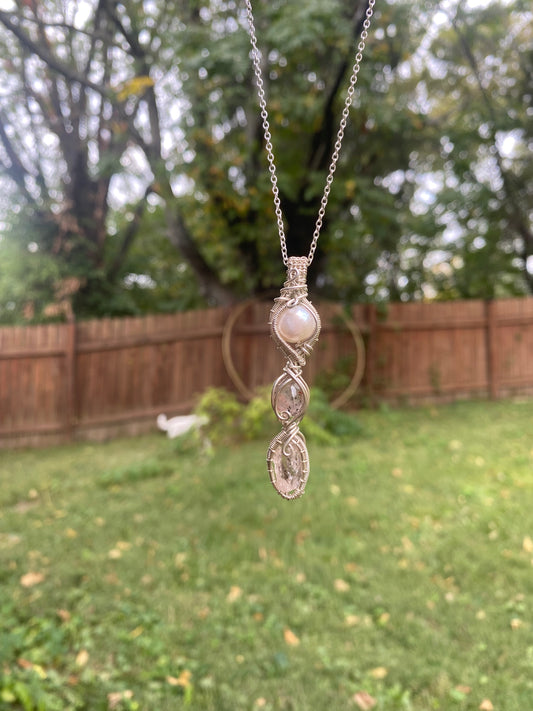 Pink Topaz, Madagascar Rose Quartz with Diopside and Hematite inclusions, and a Freshwater Pearl in Sterling Silver