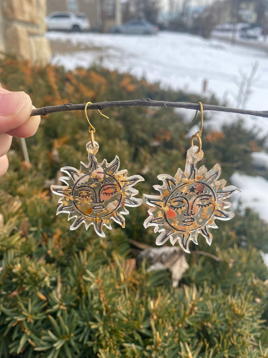 Sun-Kissed Radiance: Handcrafted Resin Sun Earrings with Sunstone, Carnelian, Orange Peel, and Gold Foil Accents