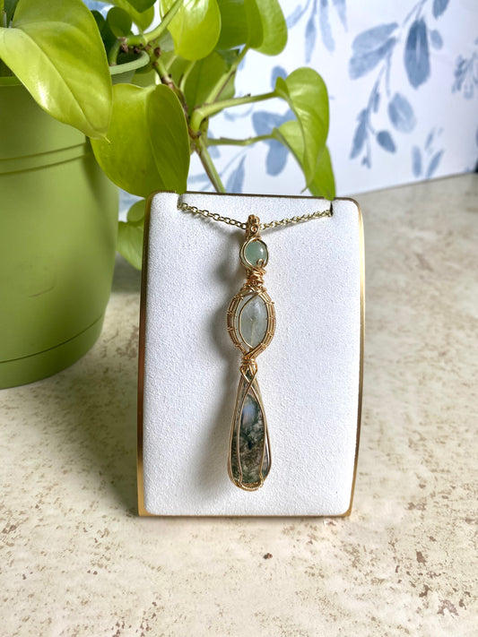 Prosperity Triplet Pendant Featuring Green Aventurine, Jade, and Moss Agate