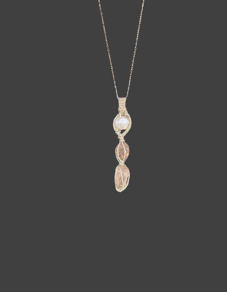 Pink Topaz, Madagascar Rose Quartz with Diopside and Hematite inclusions, and a Freshwater Pearl in Sterling Silver
