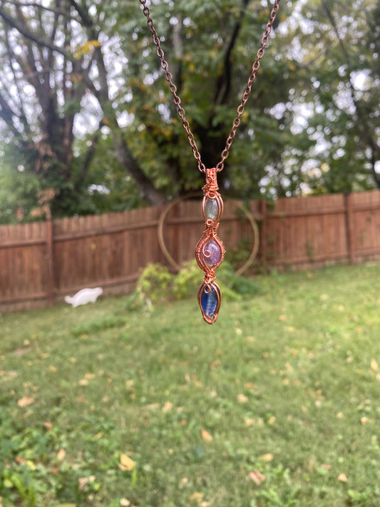 Blue Kyanite, Amethyst, and Labradorite Triple Stack in Copper