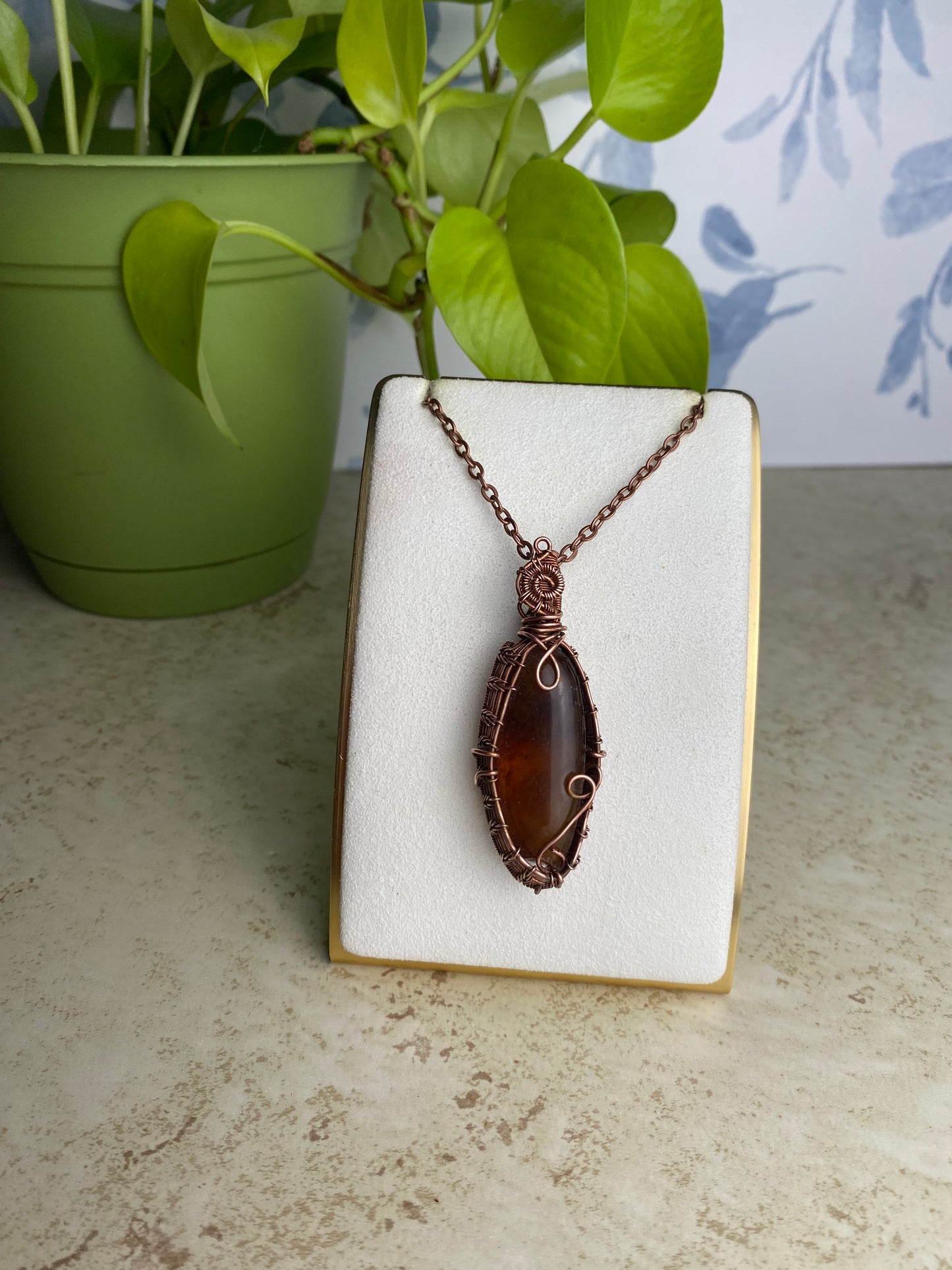 Amber Elegance: Handcrafted Wire-Wrapped Pendant in Copper