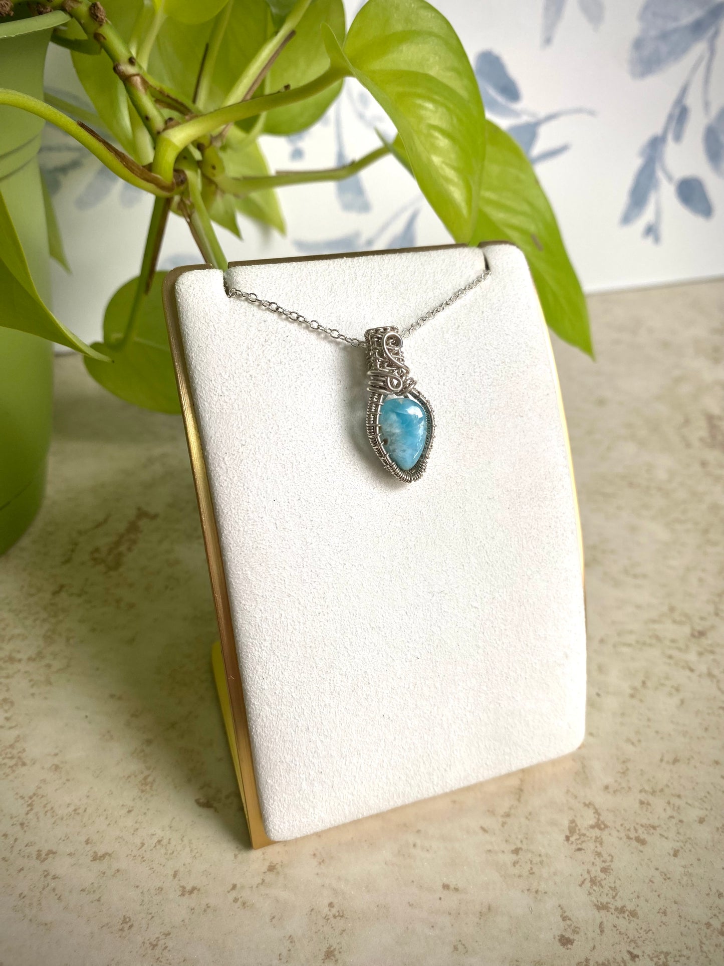 Larimar in Silver Wire Wrapped Pendant