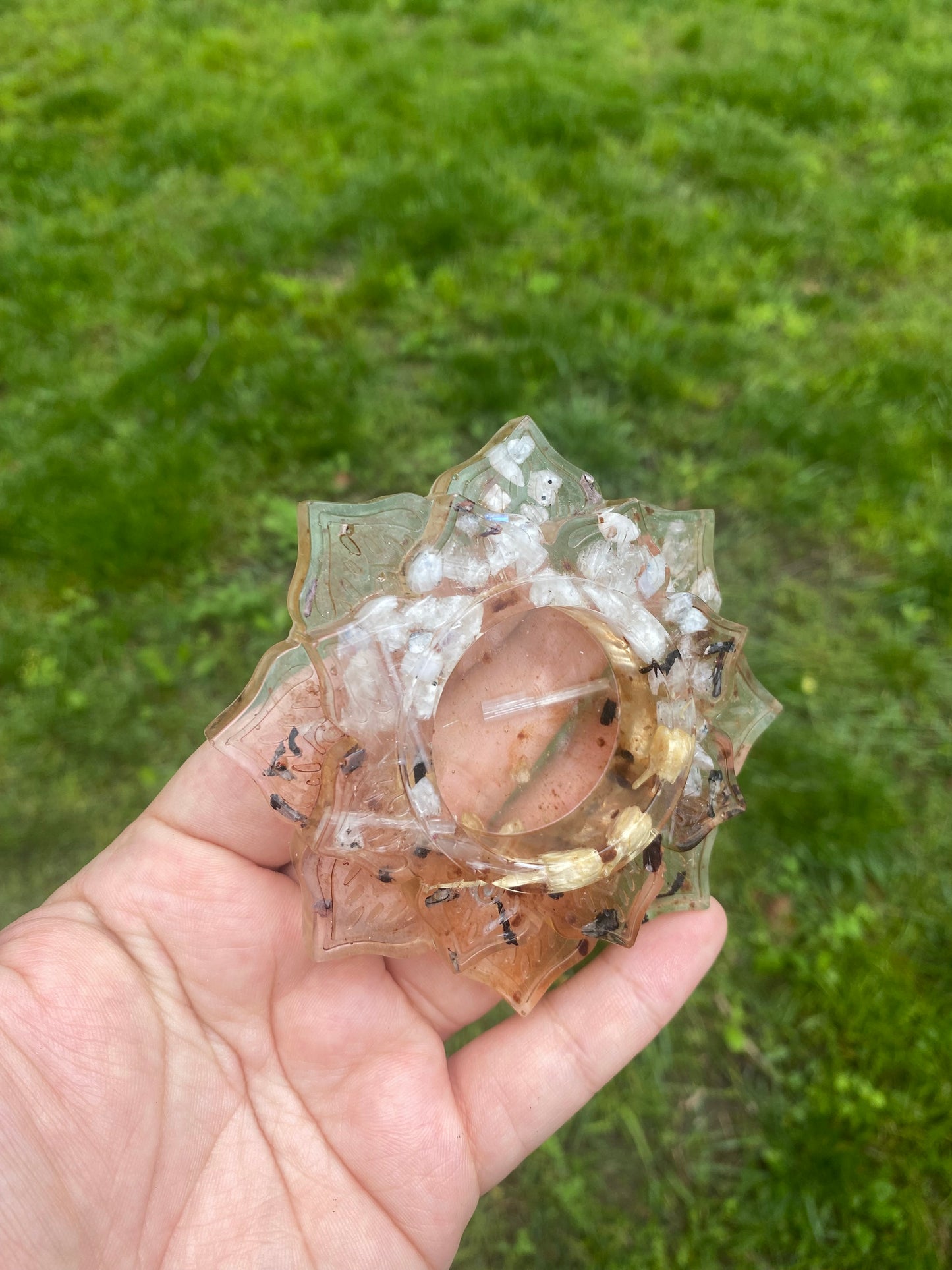 Enchanted Candle Holder: Celestial Moonlight Candle Holder with Rainbow Moonstone, Selenite, and Moonlit Botanicals