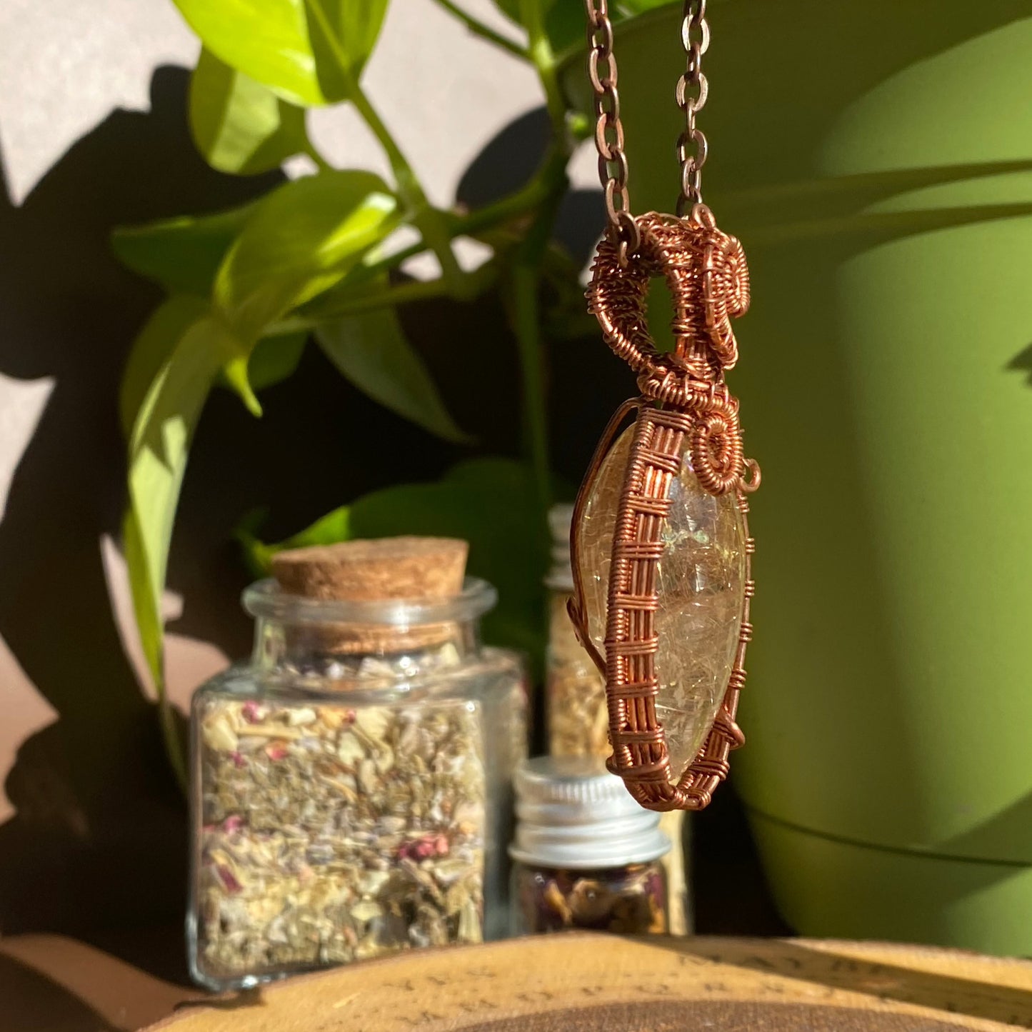 Artisan-Crafted Copper Rutile in Quartz Wire-Wrapped Pendant