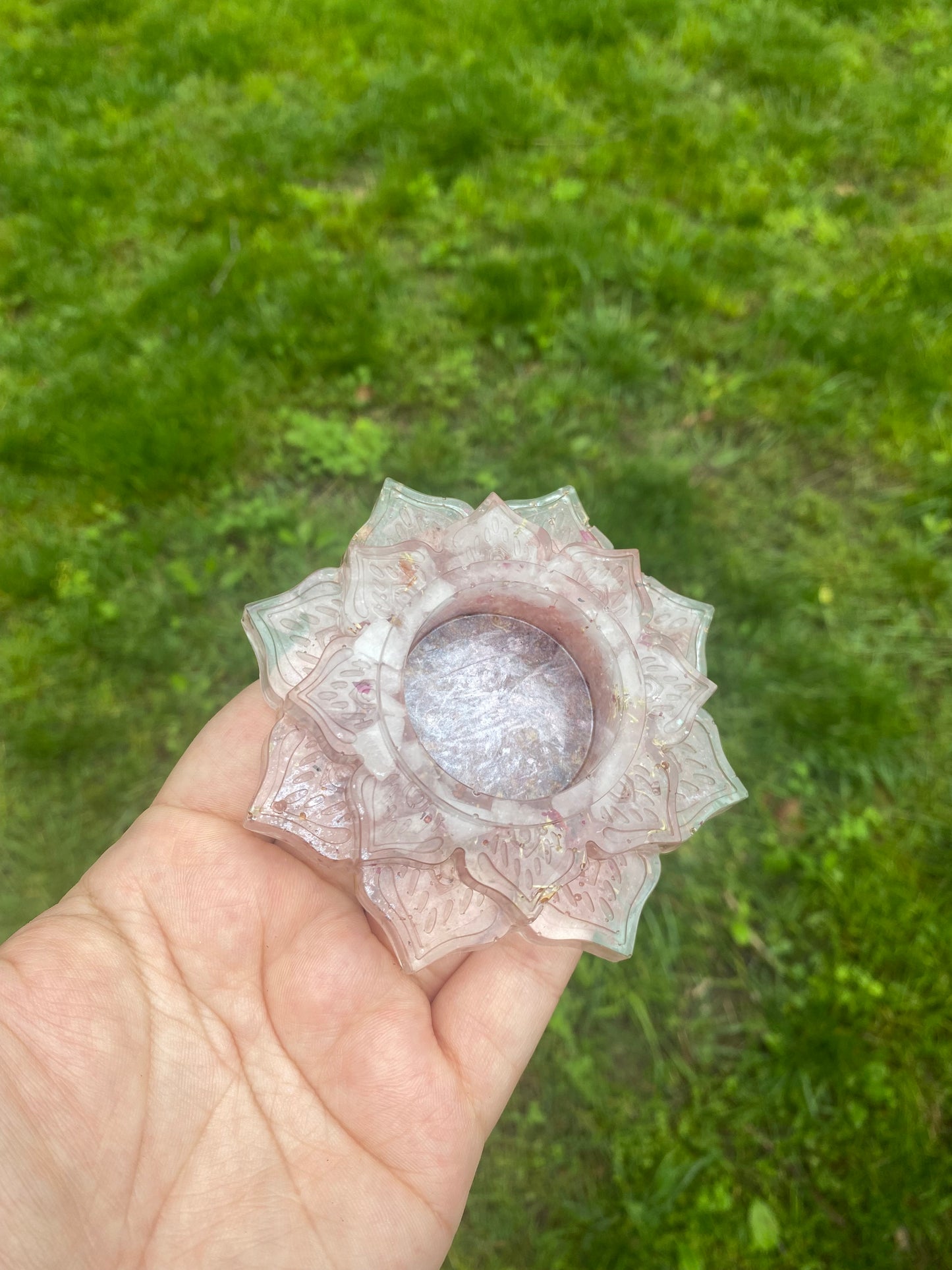 Enchanted Candle Holder: Self-Love Enchantment Candle Holder with Rose Quartz, Yarrow, Rose Petals, and Pink Mica