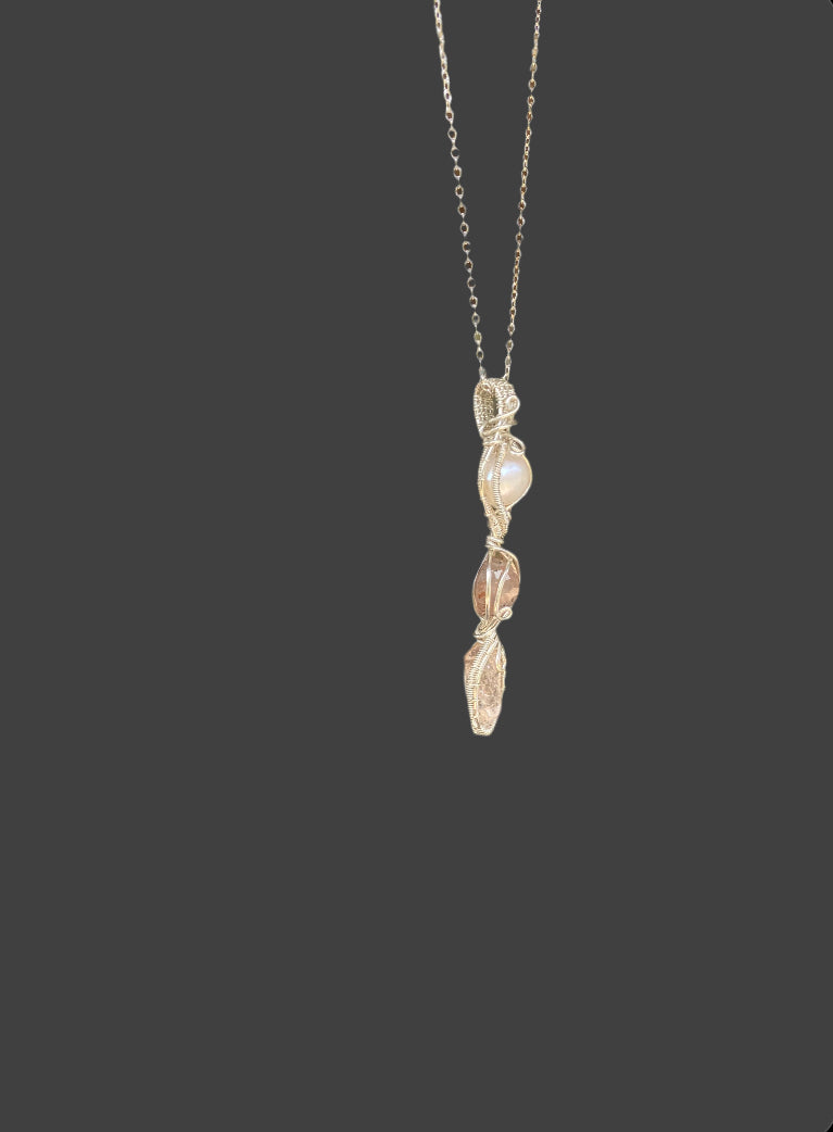 Pink Topaz, Madagascar Rose Quartz with Diopside and Hematite inclusions, and a Freshwater Pearl in Sterling Silver