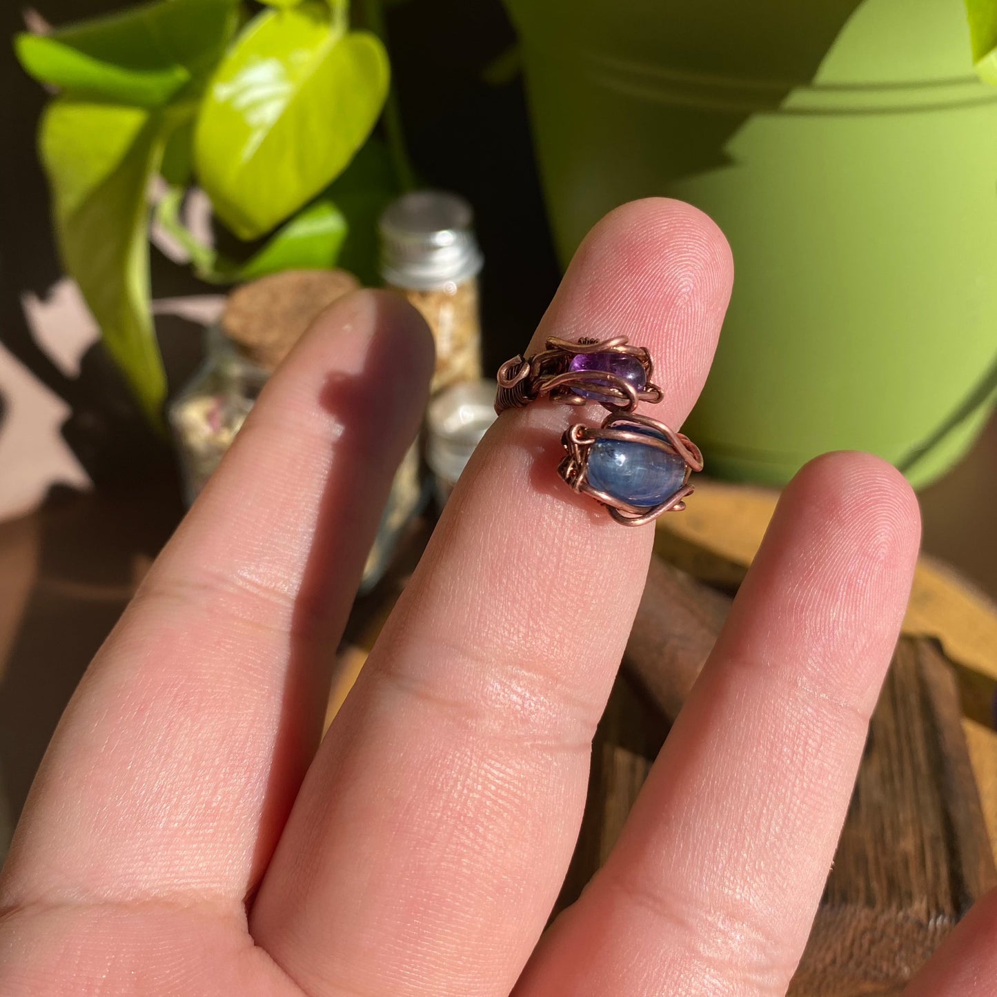 Enchanting Fusion: Adjustable Wire-Wrapped Ring with Amethyst and Blue Kyanite