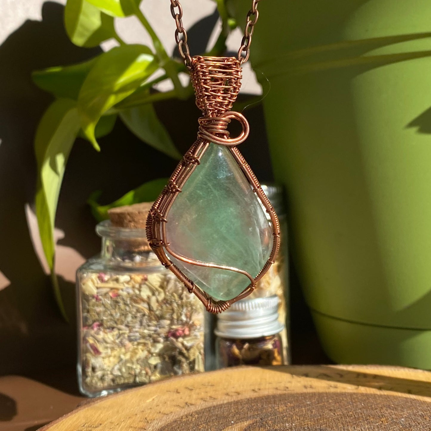Fluorite Elegance in Copper - Handcrafted Crystal Pendant