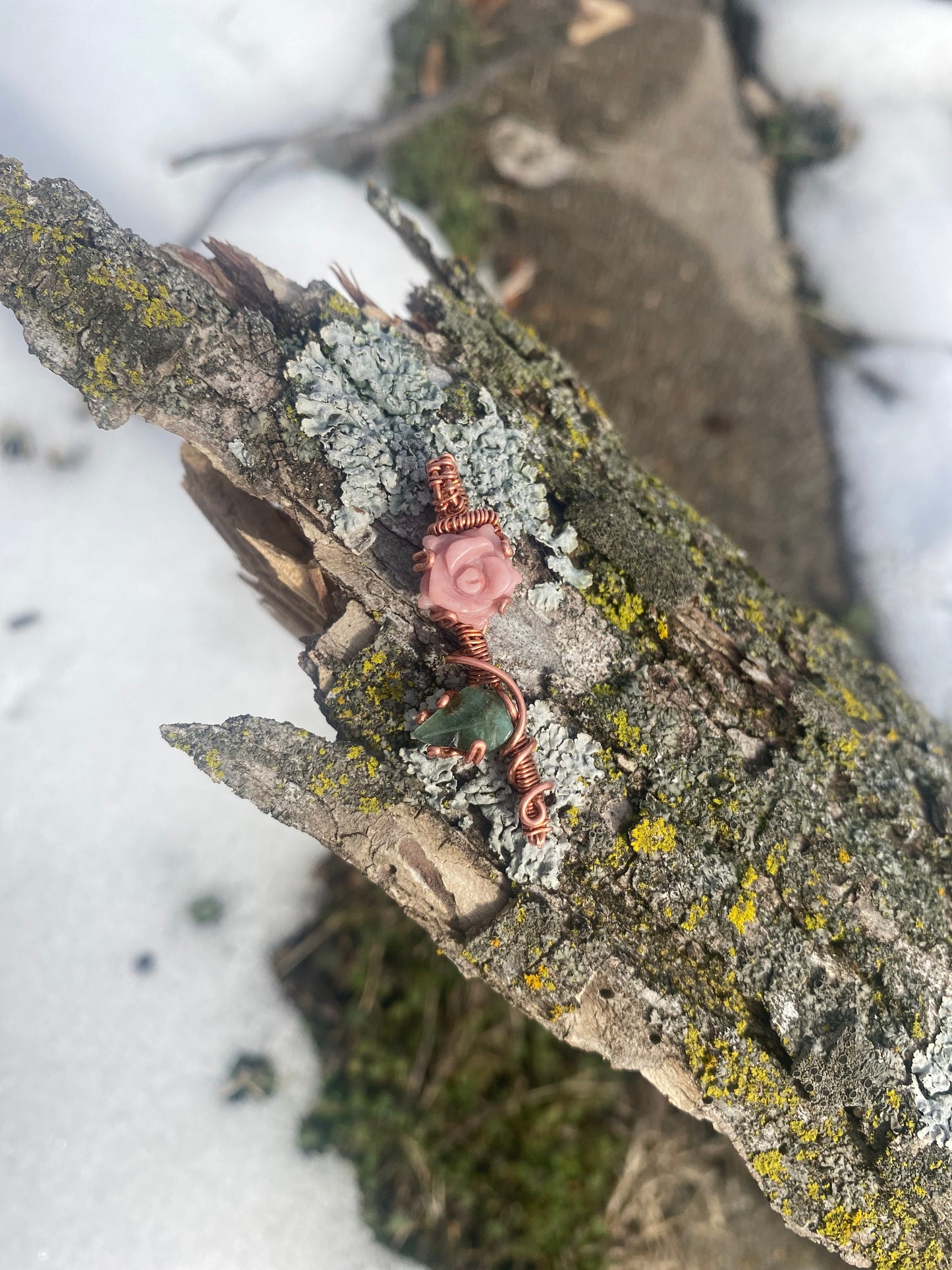 A Single Rose: Rose Rhodonite and Emerald Leaf Crystal Necklace