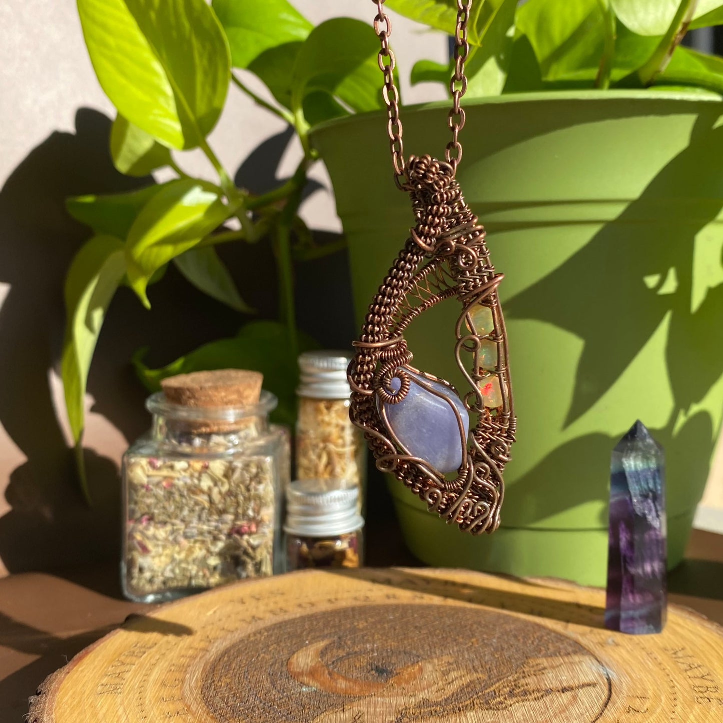 Hopefilled Inspiration Tanzanite and Ethiopian Opal Copper Wire-Wrapped Pendant