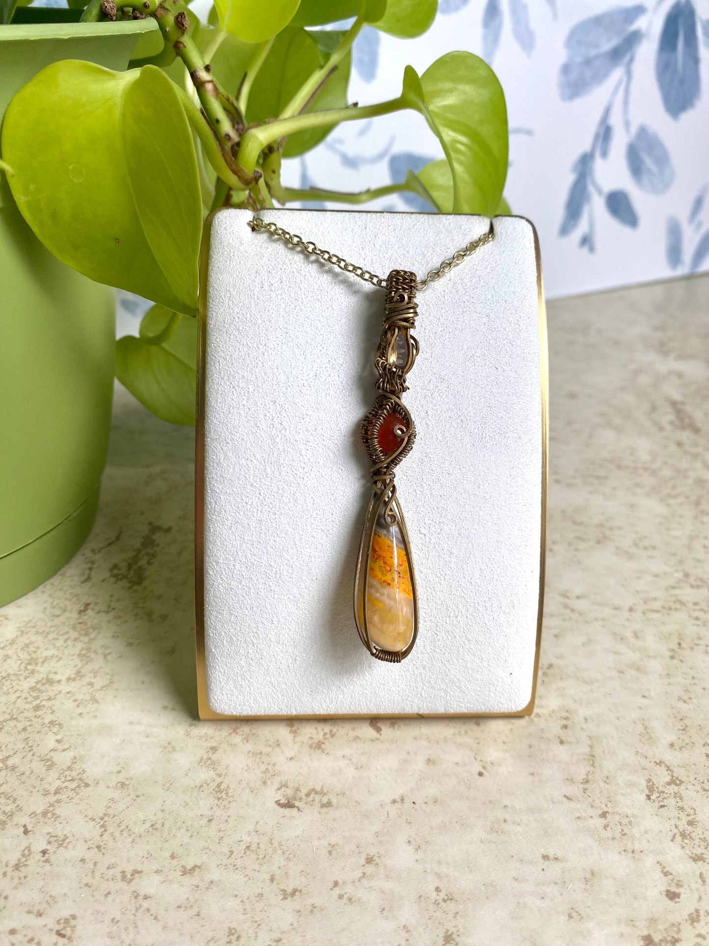 Energy Triplet Pendant Featuring Citrine, Carnelian, and Bumblebee Jasper