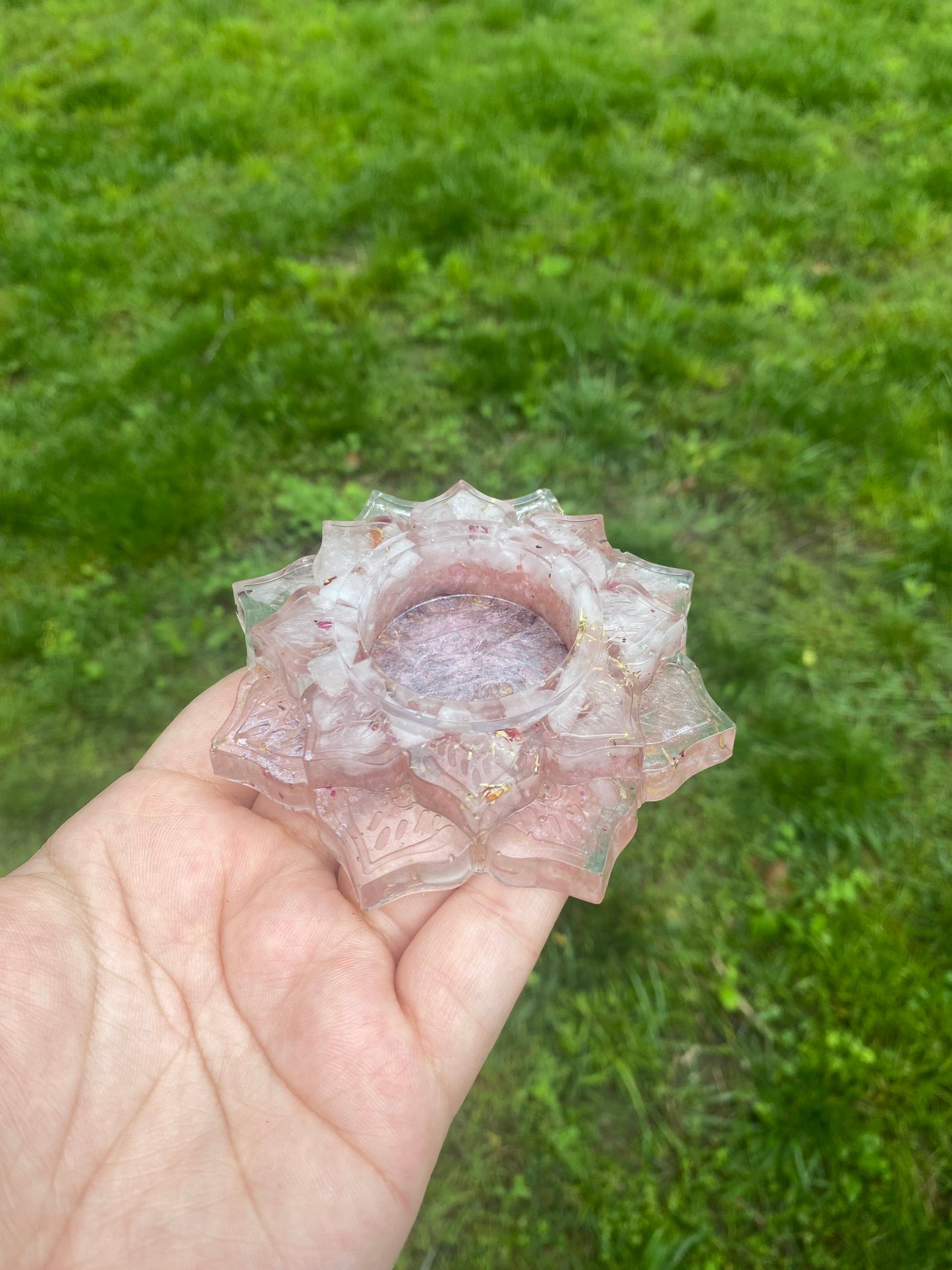 Enchanted Candle Holder: Self-Love Enchantment Candle Holder with Rose Quartz, Yarrow, Rose Petals, and Pink Mica